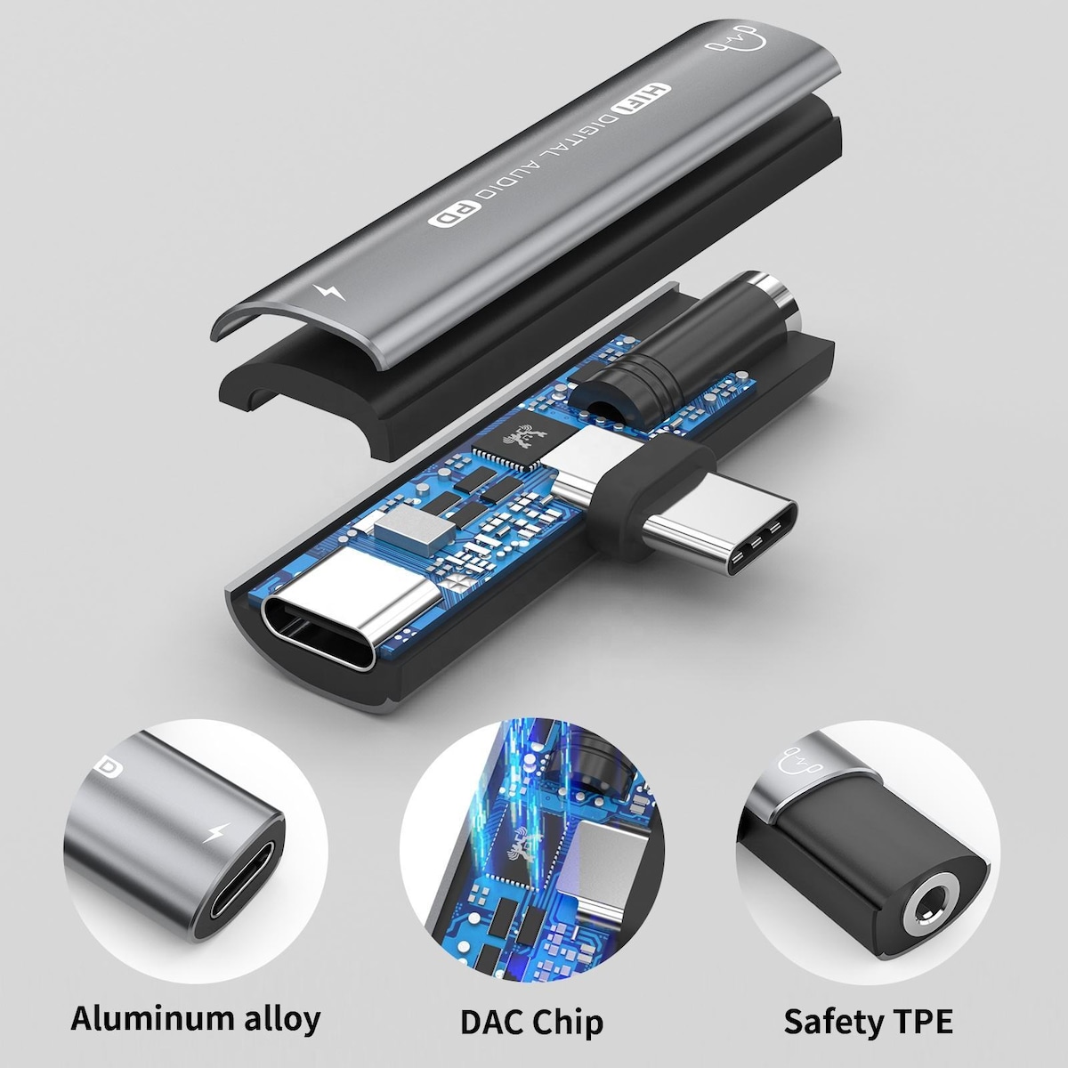 USB-C til 3,5 mm adapter for hodetelefoner og lader Sort