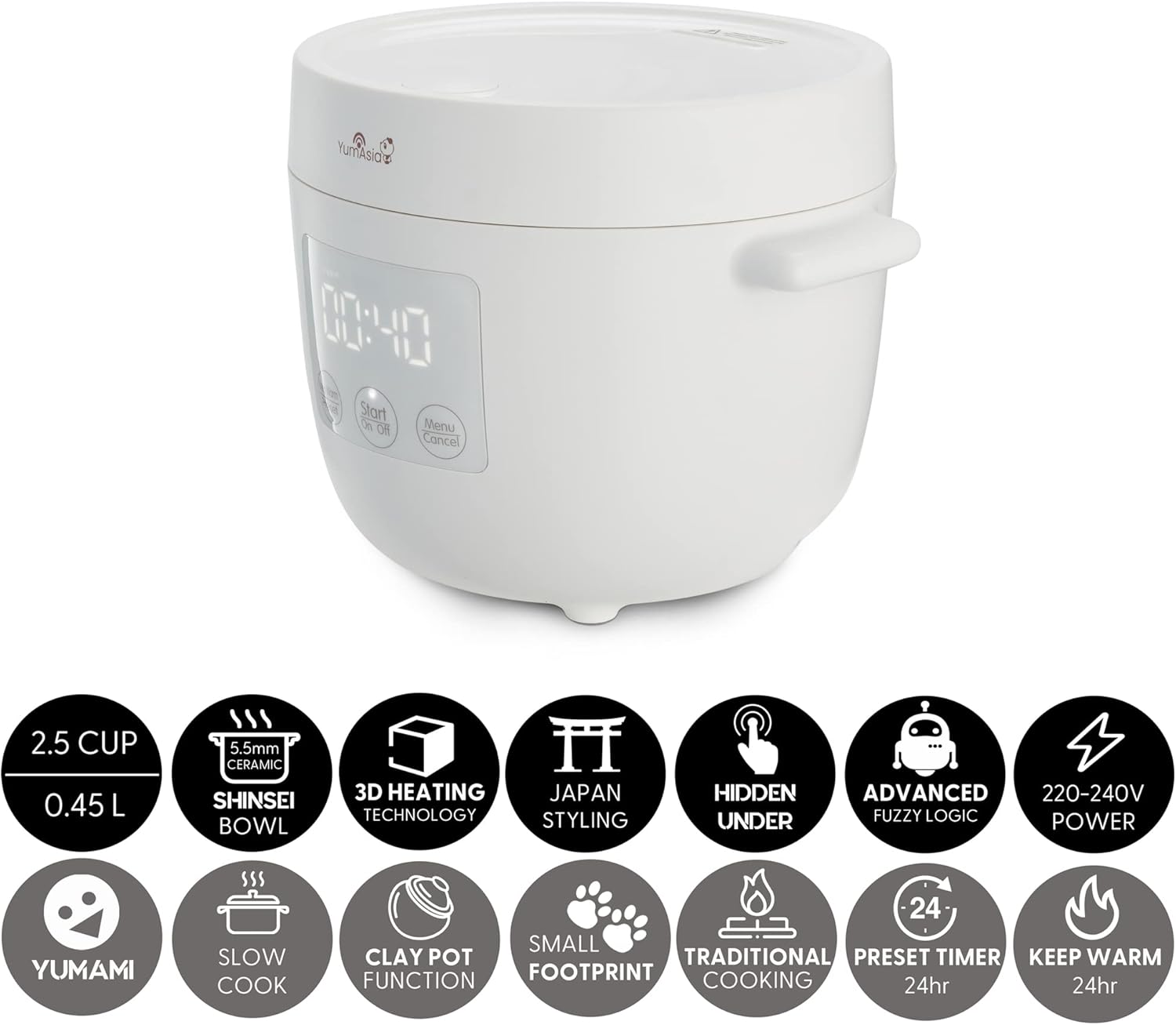 Yum Asia Tsuki Mini-Reiskocher mit Shinsei-Keramikschüssel (2,5 Tassen, 0,45 Liter), 5 Reiskochfunktionen, 2 Multicooker-Funktionen, verstecktes LED-Display, 220–240V (Pebble White)