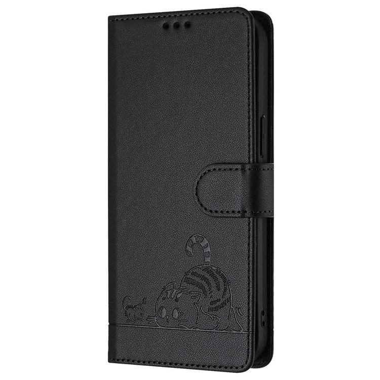 Samsung Galaxy S25 Leder Tasche Litchi Look mit Katzen Imprint (RFID Schutz) - Schwarz
