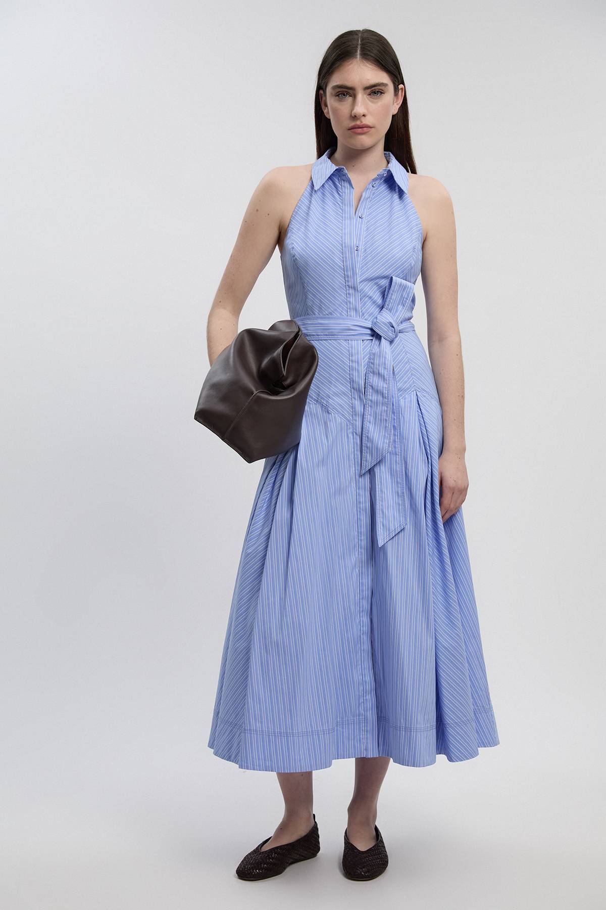 KarenMillen Robe Chemise Midi Tissée Petite Taille À Rayures Col Chemisier Encolure Américaine En Coton Avec Détail Taille Basse