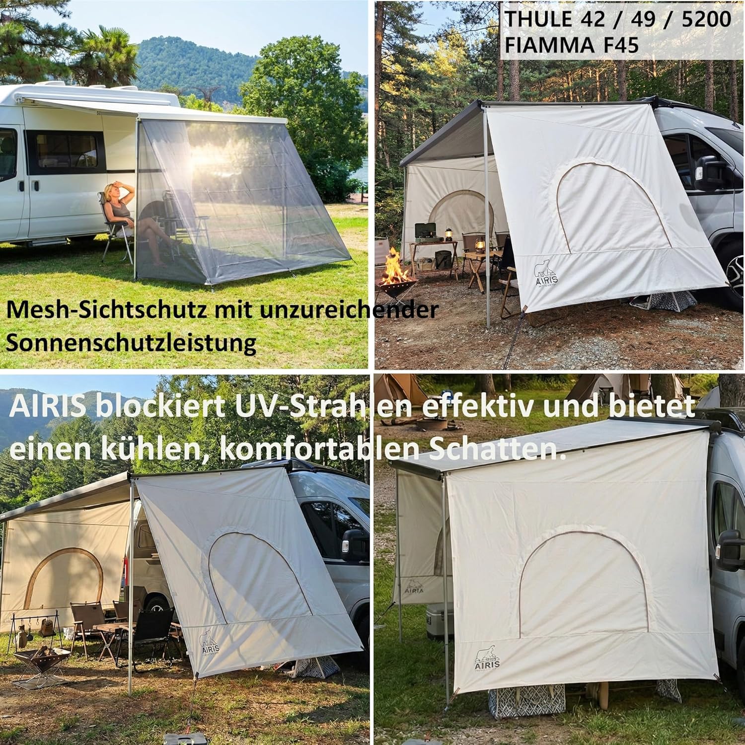 AIRIS Sun Blocker für Markise – Wohnmobil Seitenwand, effektiver Sicht- & Sonnenschutz, wasserabweisend, kompatibel mit Fiamma & Thule, 2er-Set (Fiamma F45, Thule 42, 49, 5200 Mit Fenster)
