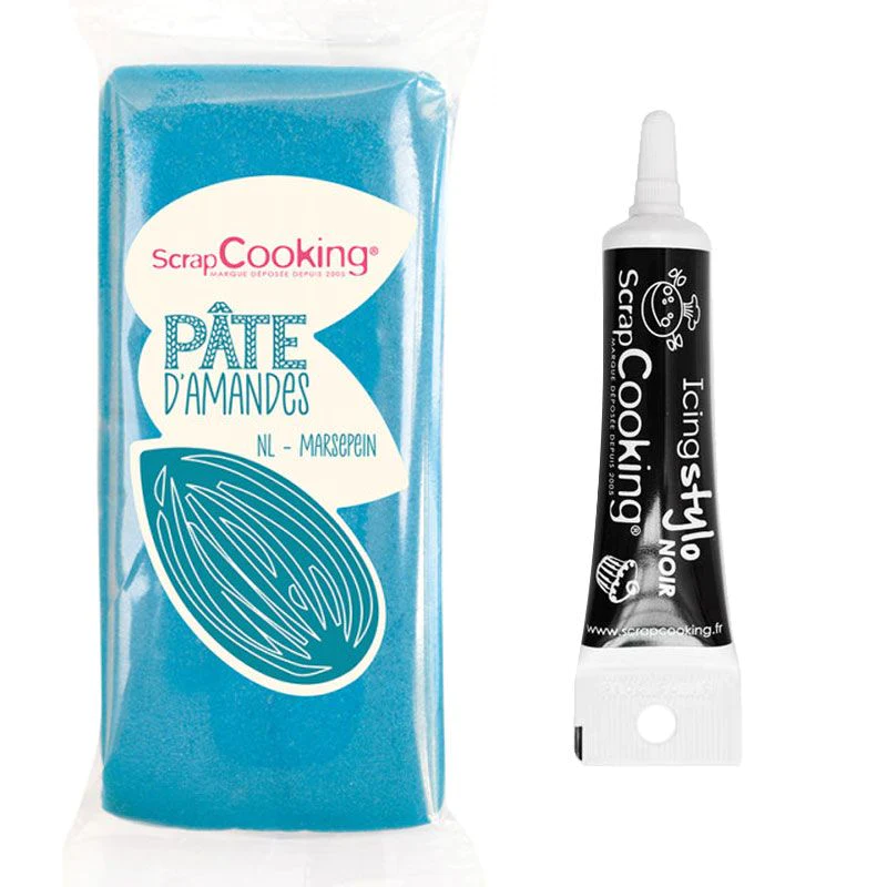 Pâte d'amande bleue 200 g + Stylo de glaçage noir Scrapcooking