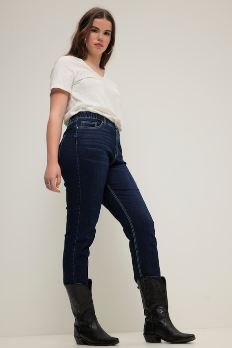 Mom-Jeans, Color-Nähte, 5-Pocket, Elastikbund, Zippfly
