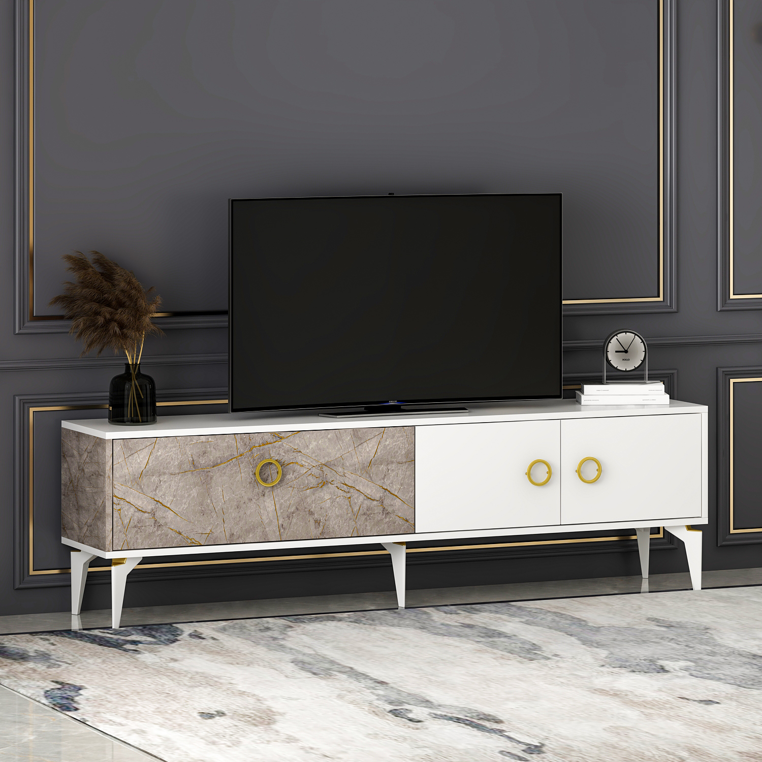 TV-Lowboard - weiß-beige - 3-türig - 180 cm