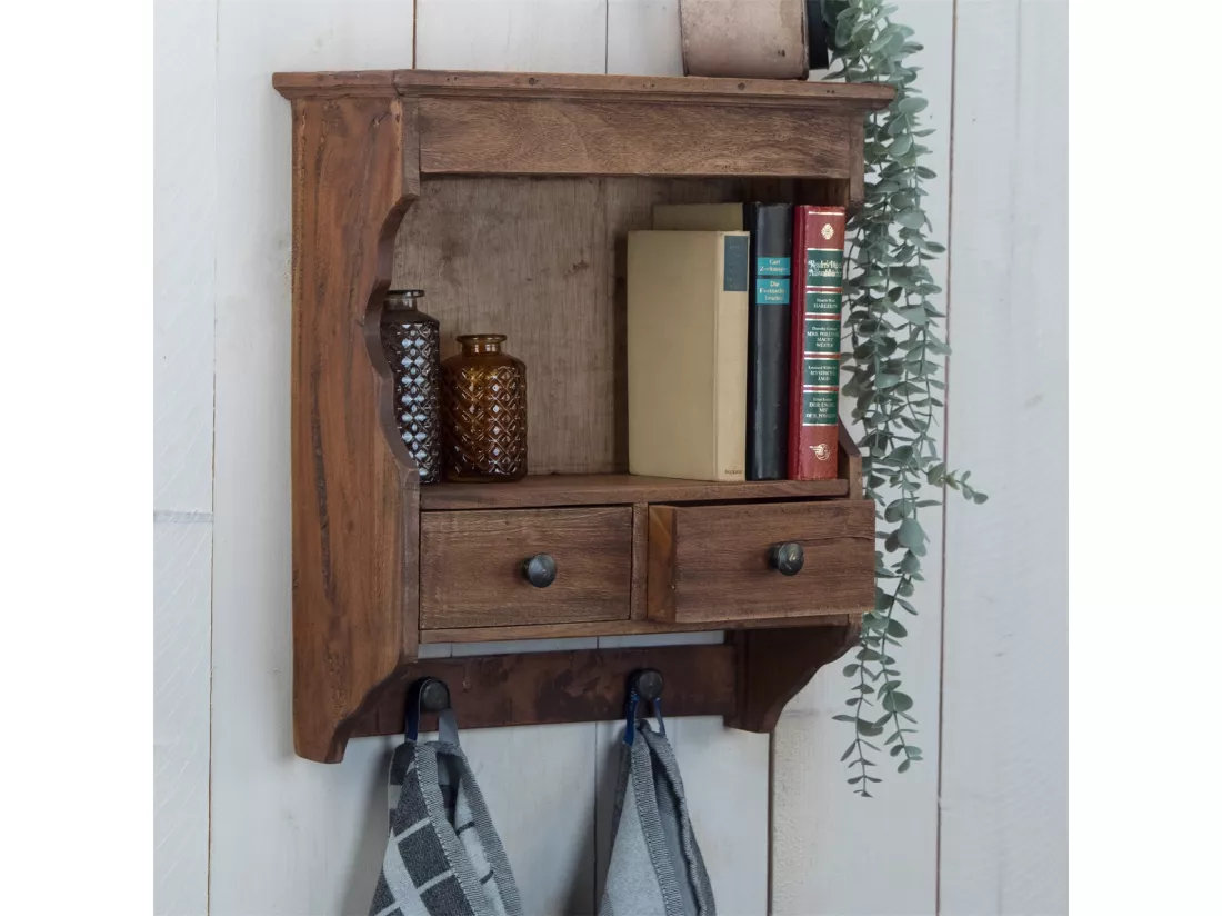 ÉTAGÈRE MURALE Ferme Bois de mahogany, 2 tiroirs et crochets marron