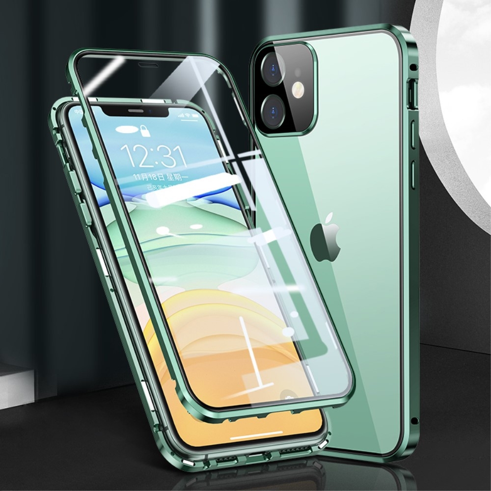 iPhone 11 Magnetische Alu Schutzhülle mit Panzer Glas Backcover   Display- / Kameraglasschutz (Magnet-Technologie) - Grün
