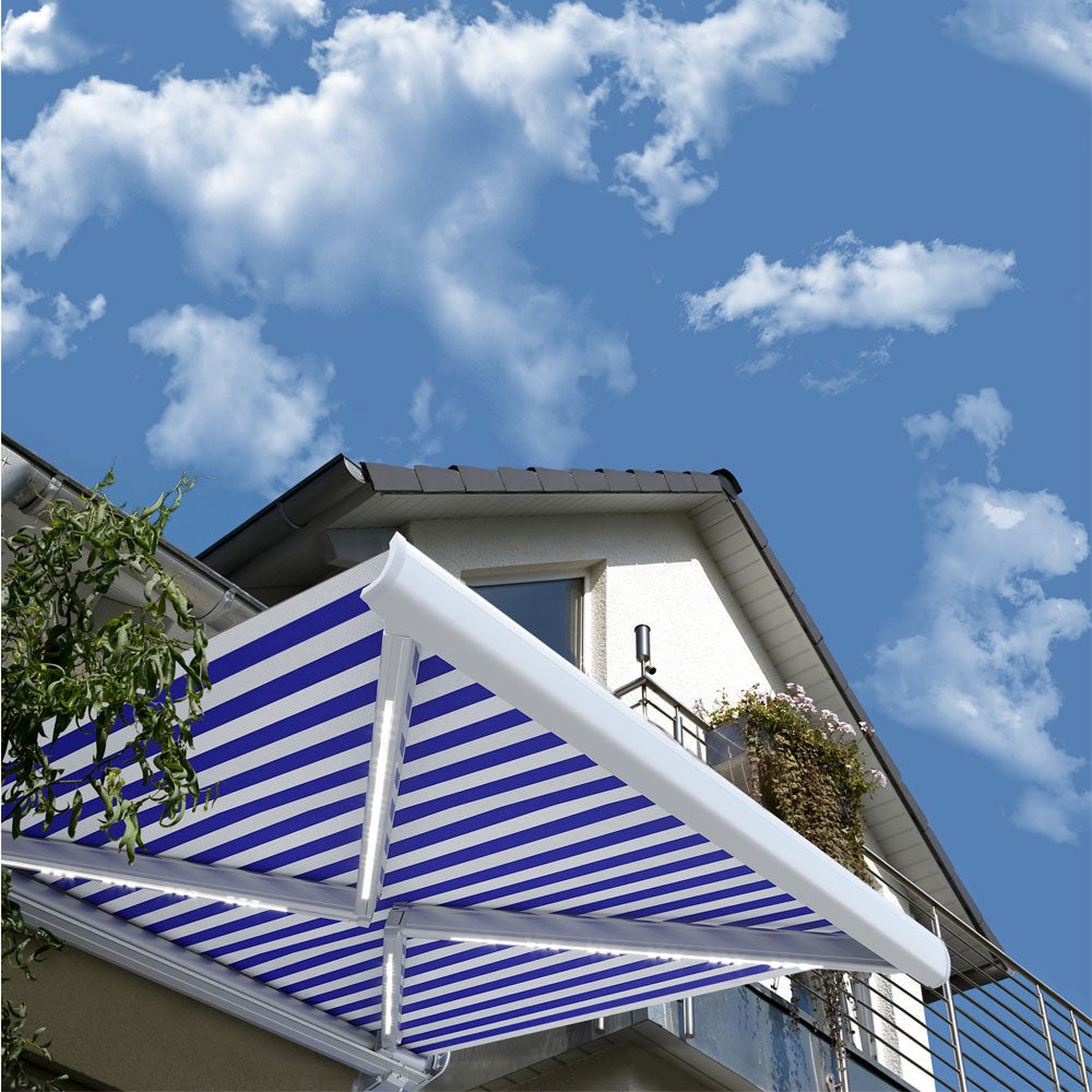 Home Deluxe - LED Full Cassette Zonnescherm ELOS - Marineblauw-Wit, 350 x 250 cm - incl. wind- en zonsensor, afstandsbediening, handslinger, bevestigingsmateriaal | Terrasoverkapping, zonwering, windscherm