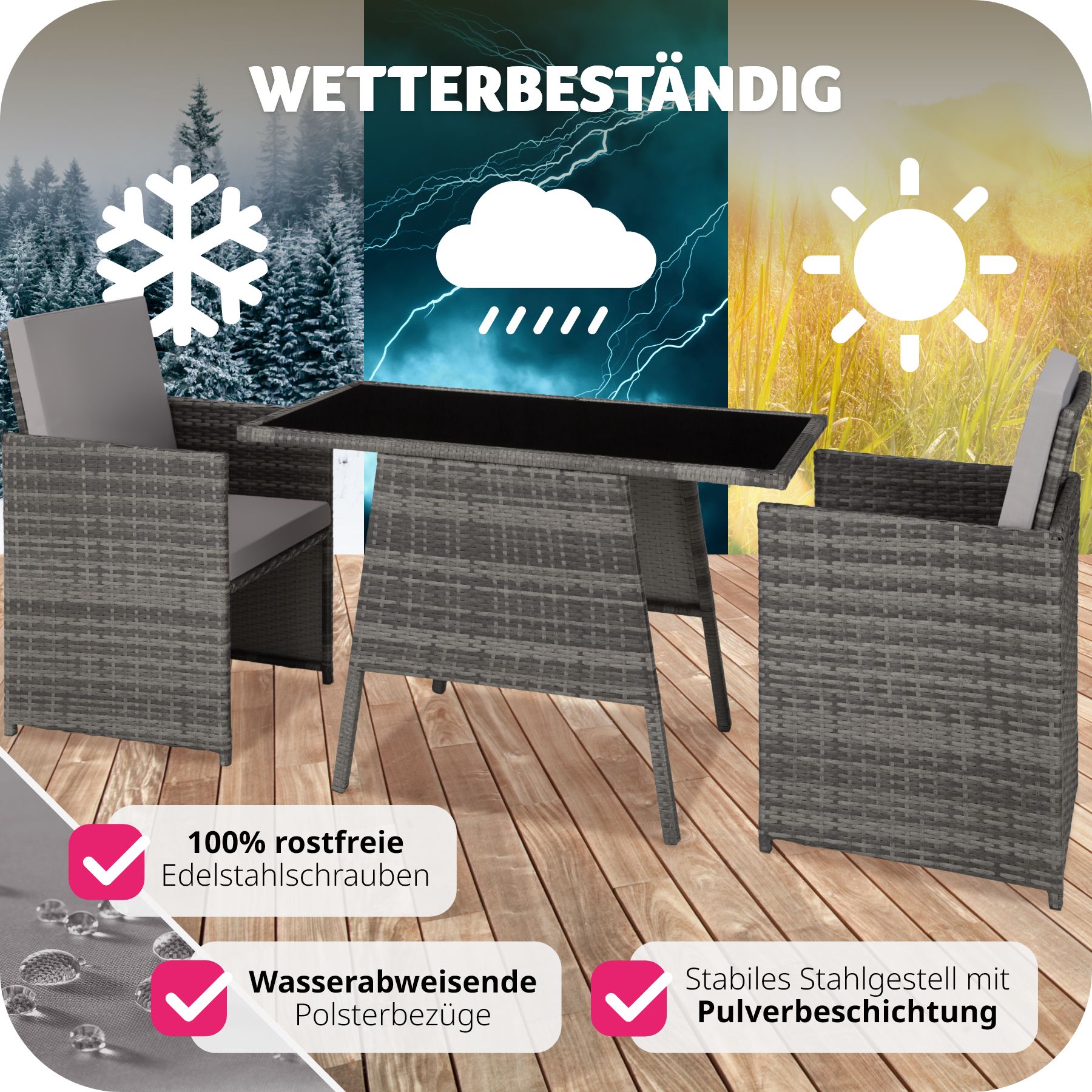 tectake® Rattan Sitzgruppe, für 2 Personen, UV-beständig, zusammenschiebbar