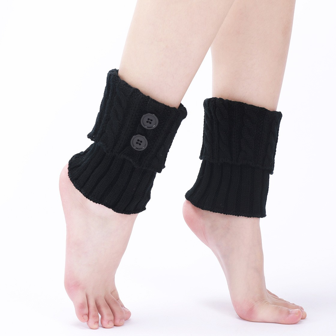 (1 Paar) 17cm Kurze Damen Beinstulpen Stiefel Accessoire Strick Beinwärmer (One Size) - Schwarz