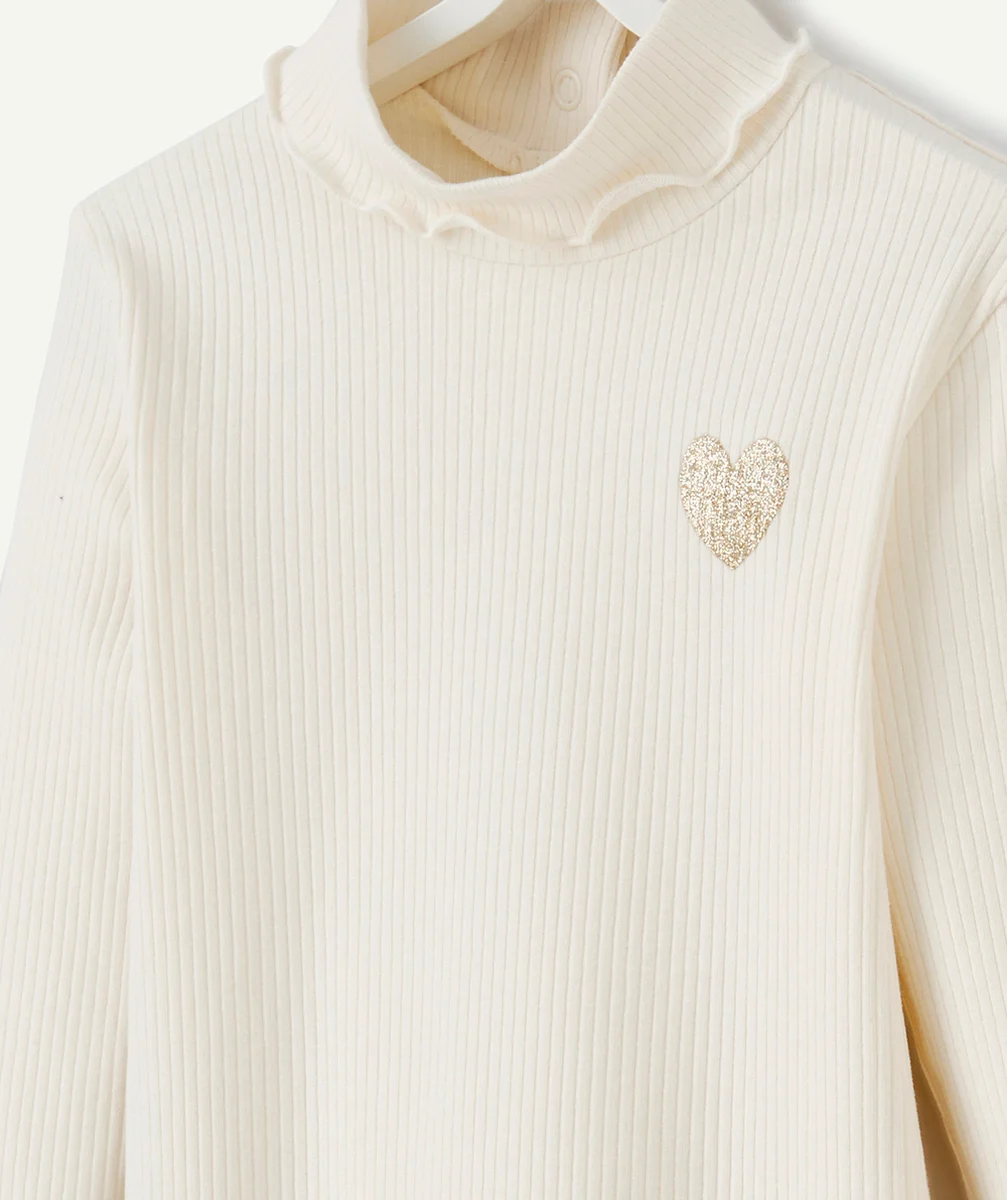 SOUS-PULL CÔTELÉ BÉBÉ FILLE ÉCRU AVEC PATCH COEUR À PAILLETTES
