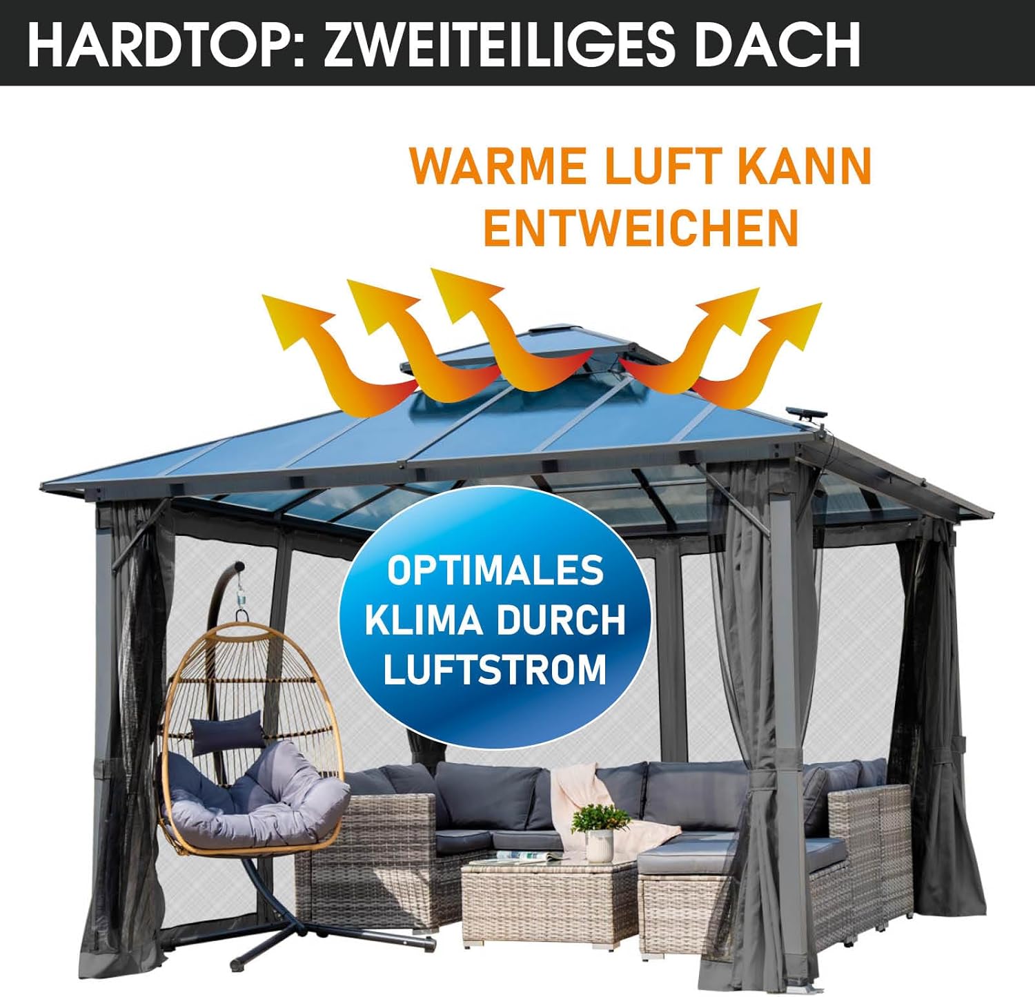 BRAST® Pavillon Aluminium Pagode 3,5x3,5m | viele Modelle & Farben | inkl. Moskitonetz + LED | festes Dach | wasserdicht | stabil | UV-Schutz | Dunkelgrau