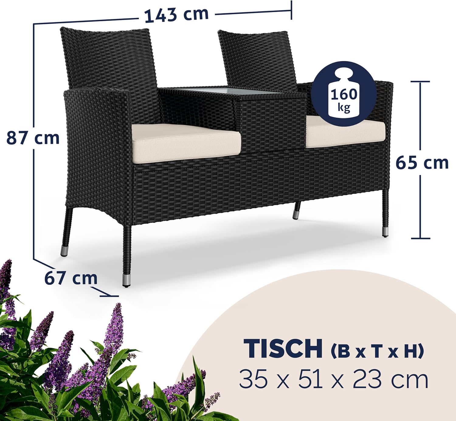 Casaria® Gartenbank Sitzbank inkl. Auflagen Wetterfest Polyrattan 320kg Belastbar Tisch Ablage UV-beständig Garten Balkon Bank 2-Sitzer 143x55cm Schwarz
