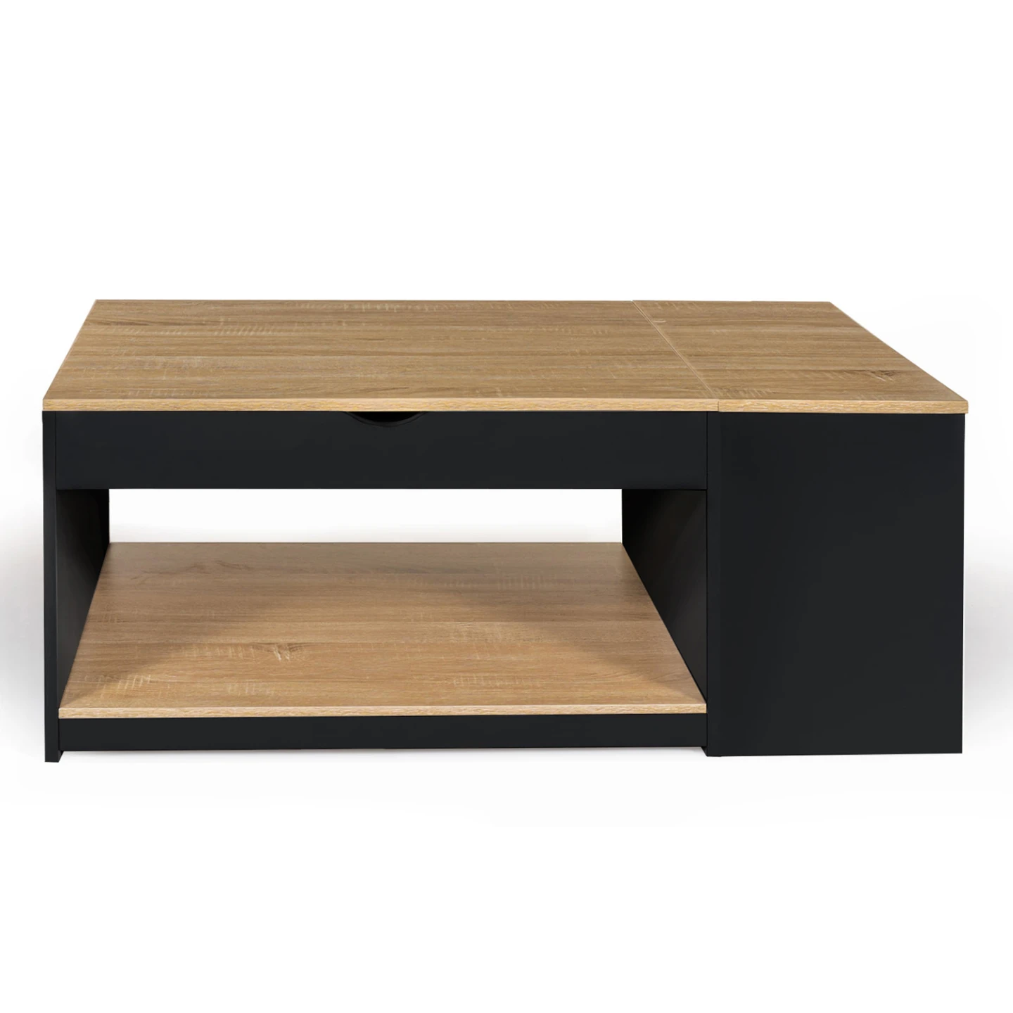 Table basse plateau relevable rectangulaire ELEA avec coffre bois noir et façon hêtre