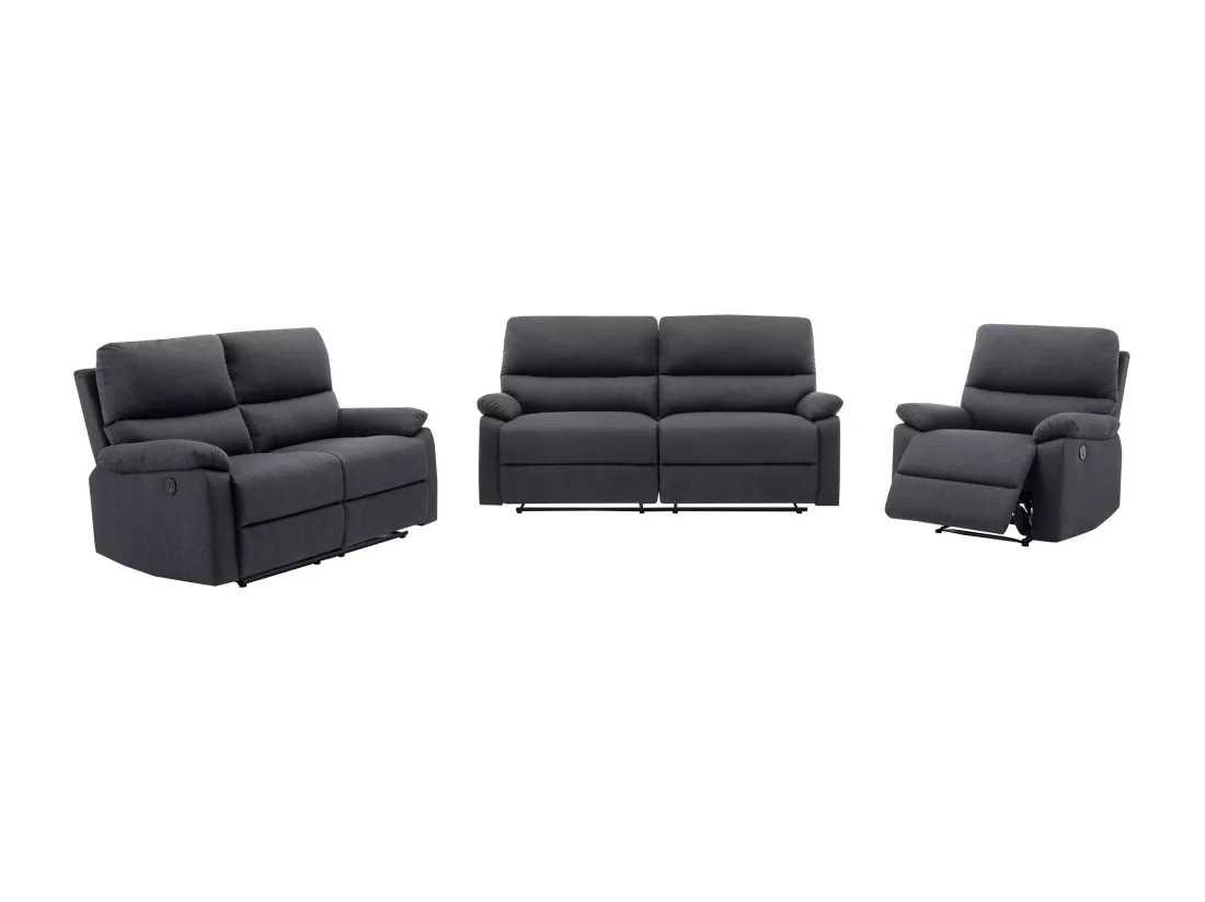 Canapé 3 places, 2 places et fauteuil relax électrique en tissu gris anthracite LUNANO