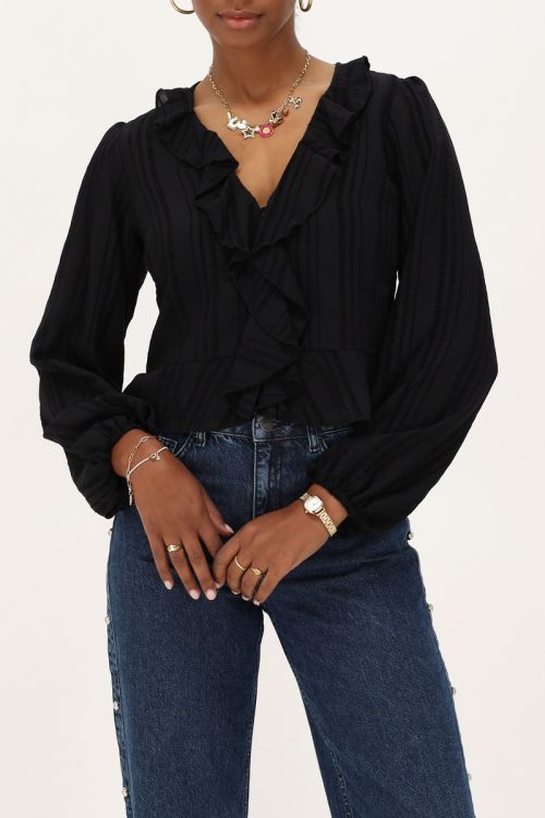 Zwarte top met ruffles & knoopjes