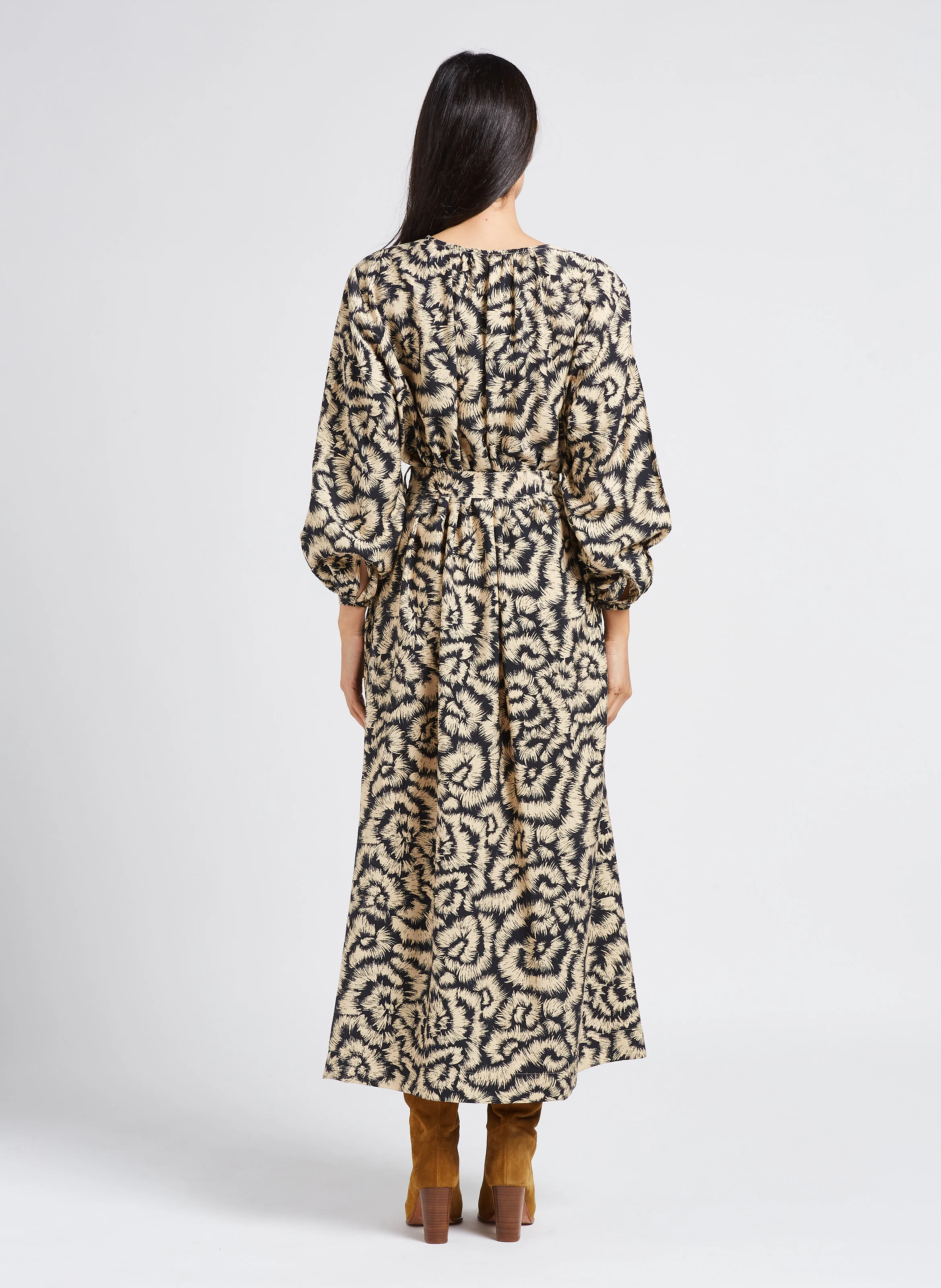ANNA - Robe longue col rond imprimée| Noir