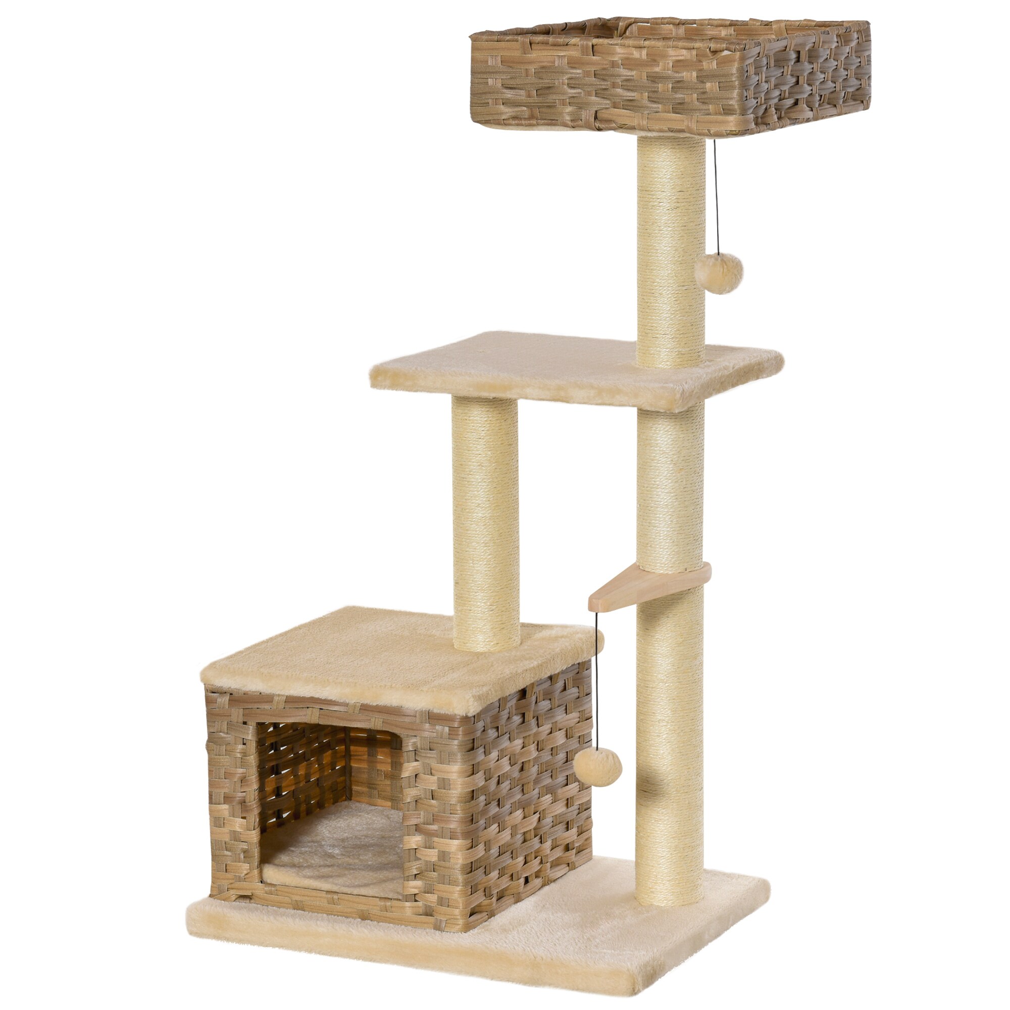 PawHut Kratzbaum mit Rattanhöhle braun, beige 60 x 40 x 109 cm (LxBxH)