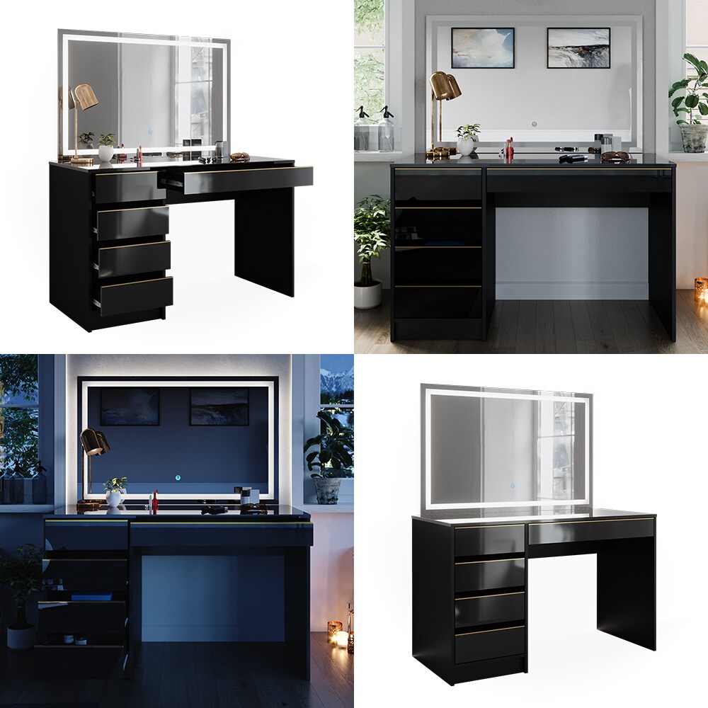 Vicco Schminktisch Sherry Schwarz Hochglanz Gold 120 x 75 cm 5 Schubladen LED-Spiegel