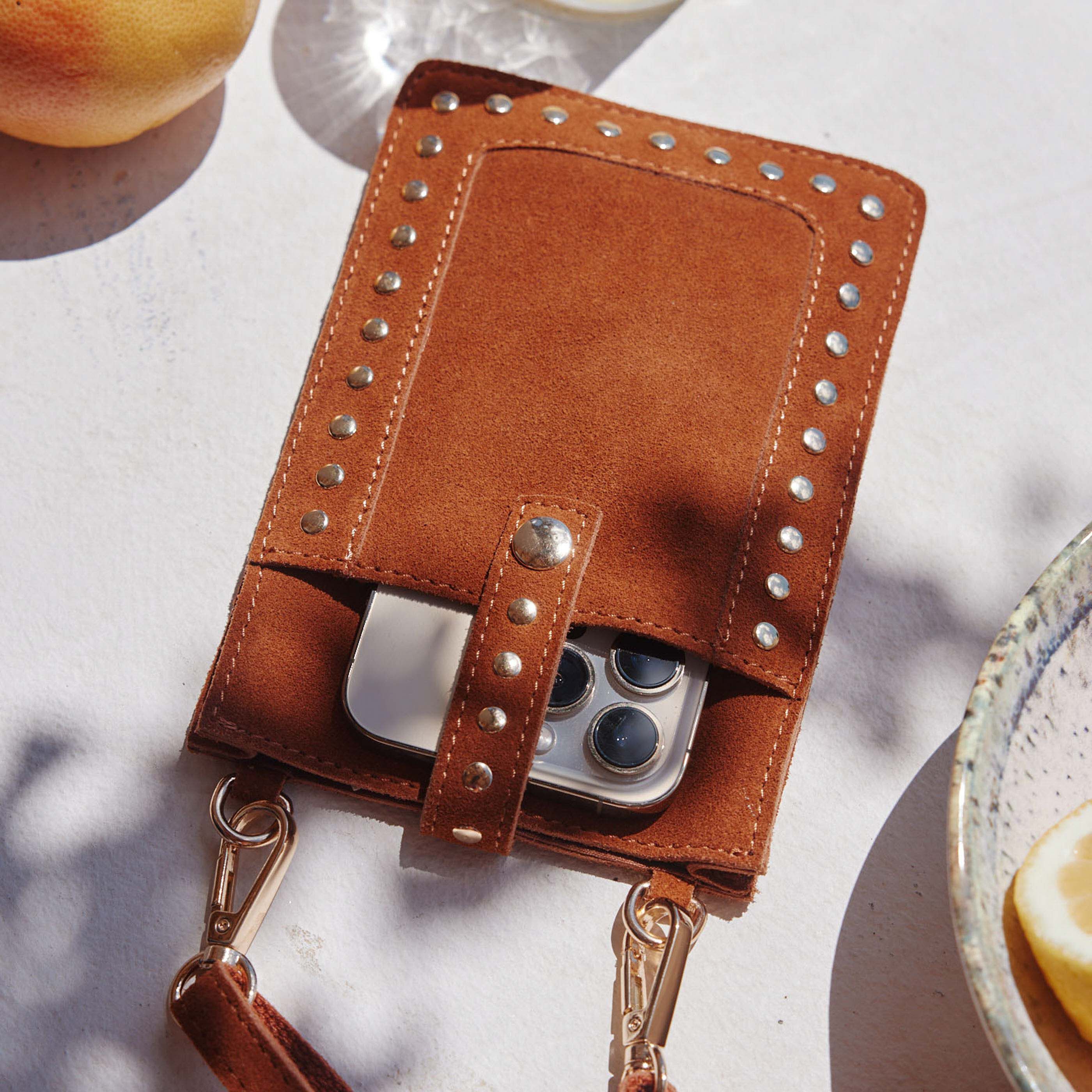 Pochette téléphone croûte de cuir - CAMEL