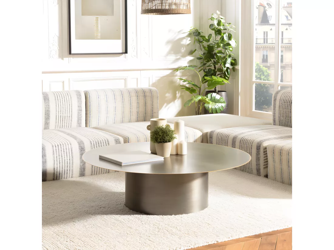 JAMES - Table basse ronde 120x120cm en fer noir et bordure dorée