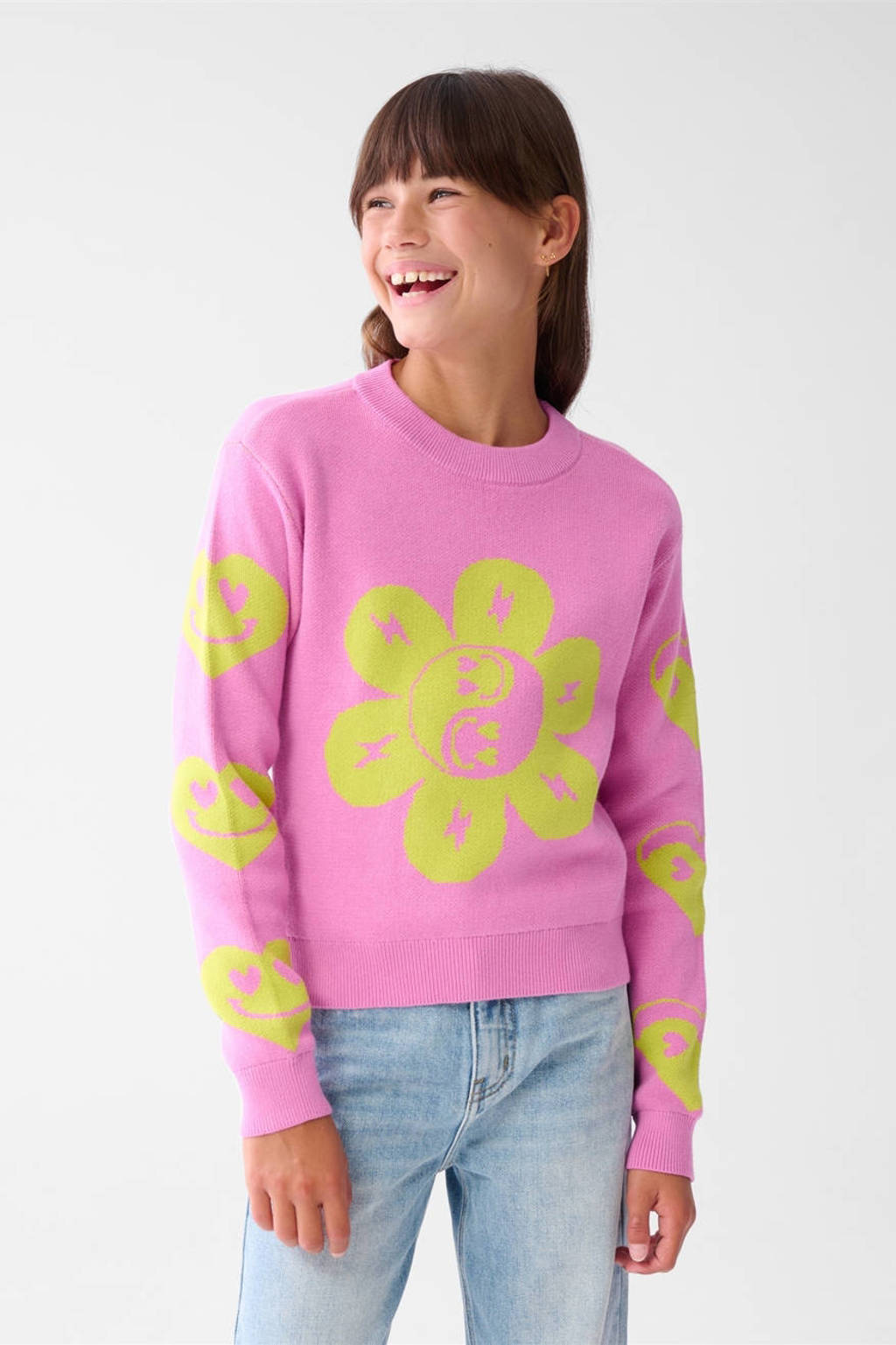 Shoeby grof gebreide trui roze/geel