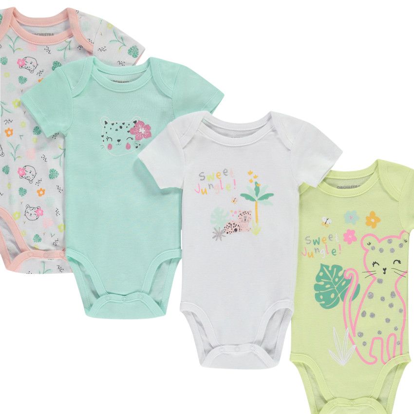 Lot de 7 bodies manches courtes motifs félin pour bébé fille - Blanc
