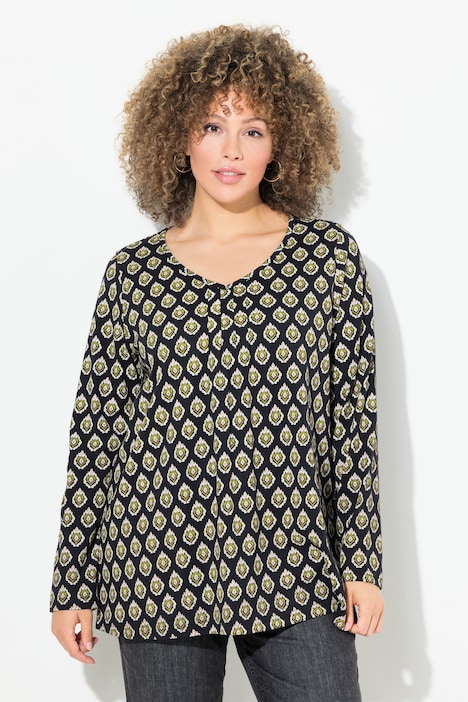 Shirt, Zierfalten, A-Linie, V-Ausschnitt, Langarm