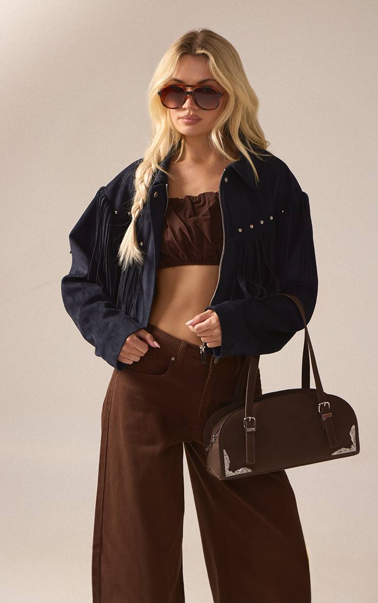 Bleu Marine Veste À Franges Ornée De Clous En Synthétique Douce