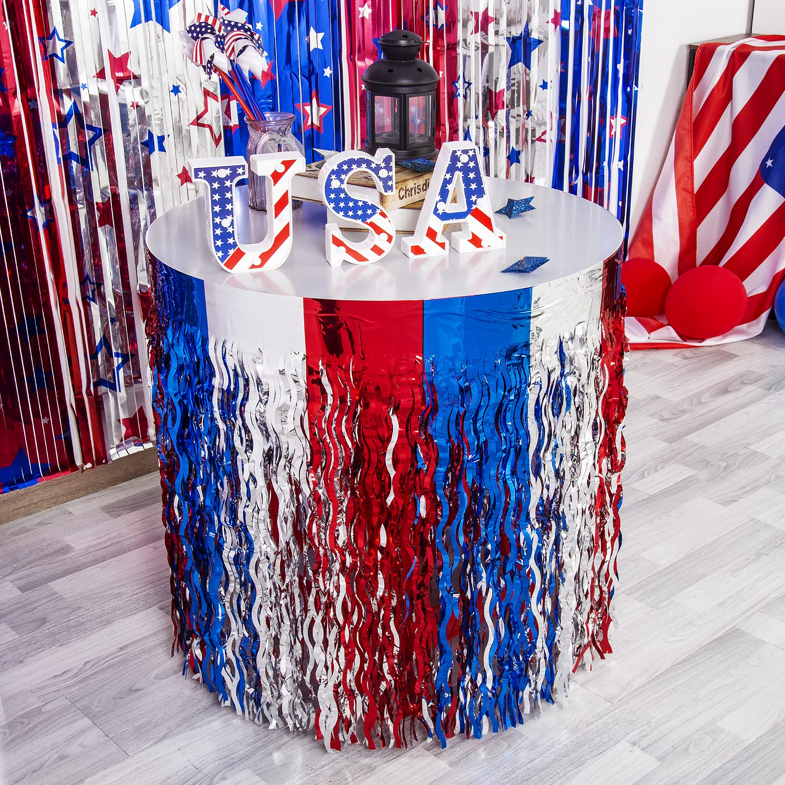 (2er Set) 275x75cm Party Tisch Deko Gewellter Lametta Vorhang Glänzender Fransen Vorhang im USA Design - Blau / Rot / Silber