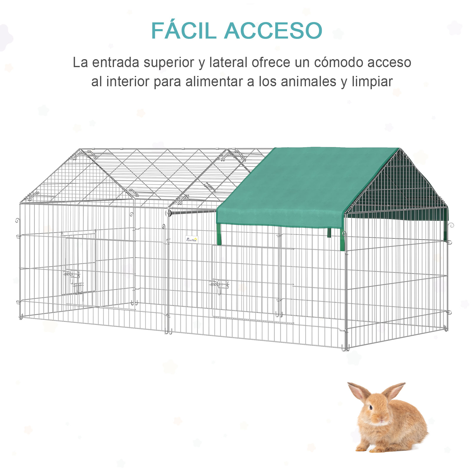Gaiola PawHut para pequenos animais, 220x103x103 cm, com 2 portas e proteção solar, ideal para coelhos, jardins e pátios externos, nas cores prata e verde.