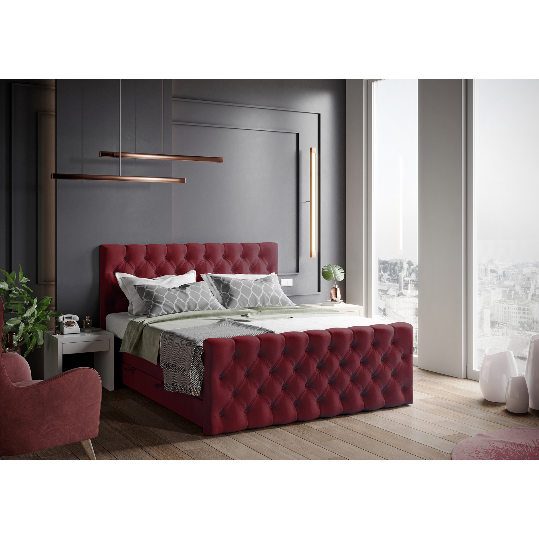 Boxspringbett - weinrot - H3 - 140x200 cm