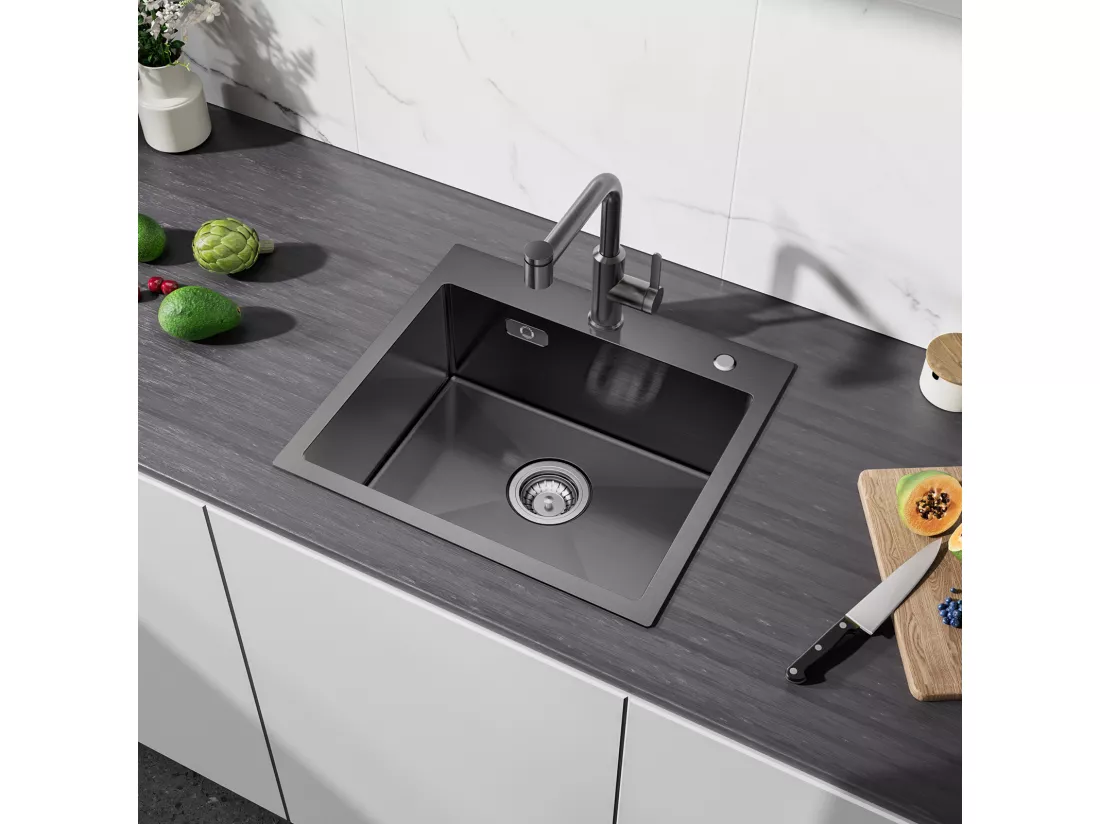 Cecipa MAX Évier Cuisine 1 Bac 50×45×18.5CM Évier Inox Noir + Mitigeur de Cuisine Rabattable Brossé