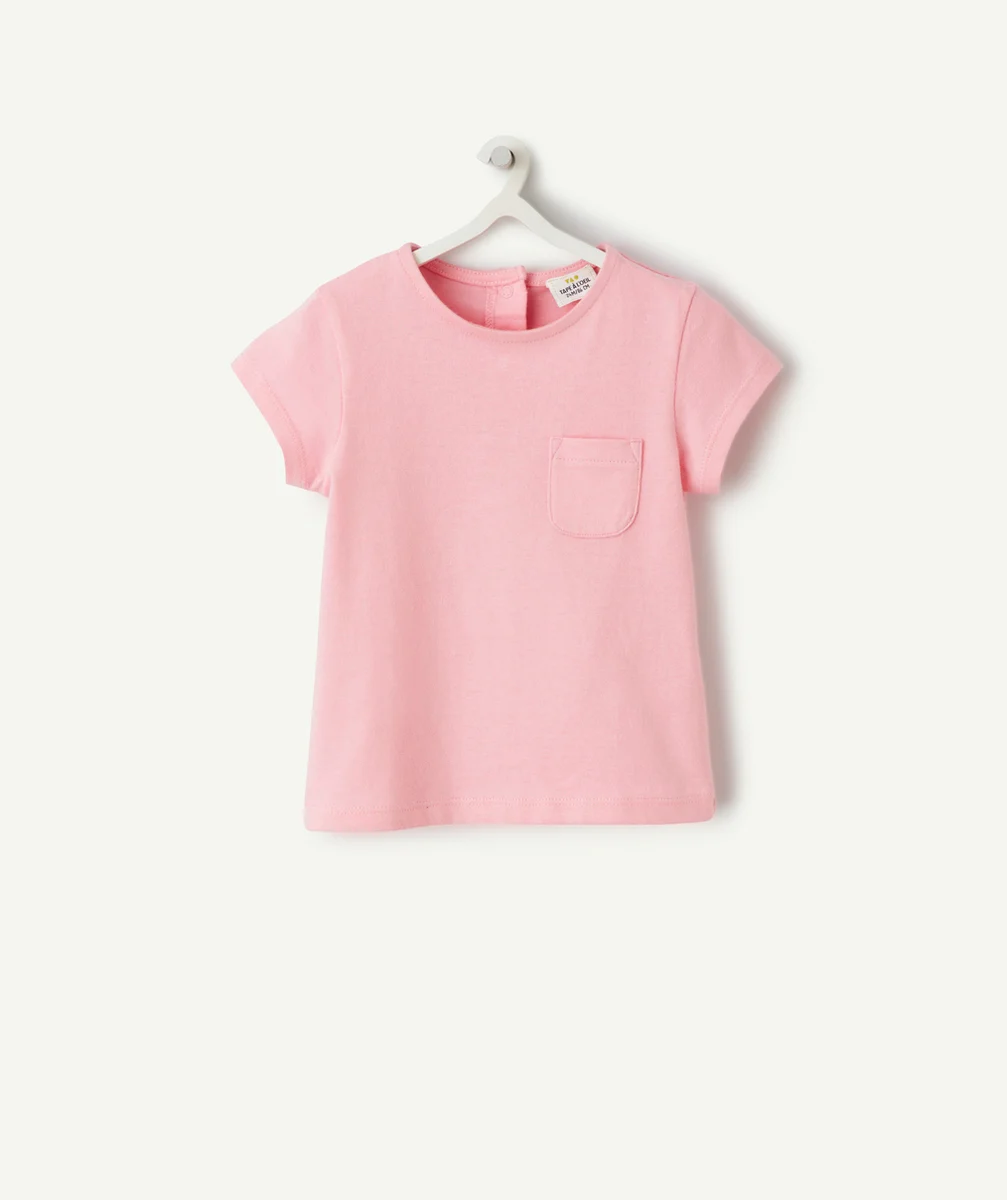 t-shirt manches courtes bébé en coton biologique rose avec poche