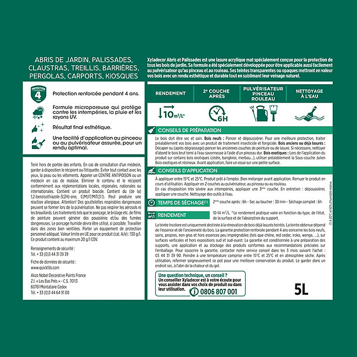 Lasure extérieure de protection pour abris et palissades en bois Xyladecor mat 5L lin opaque