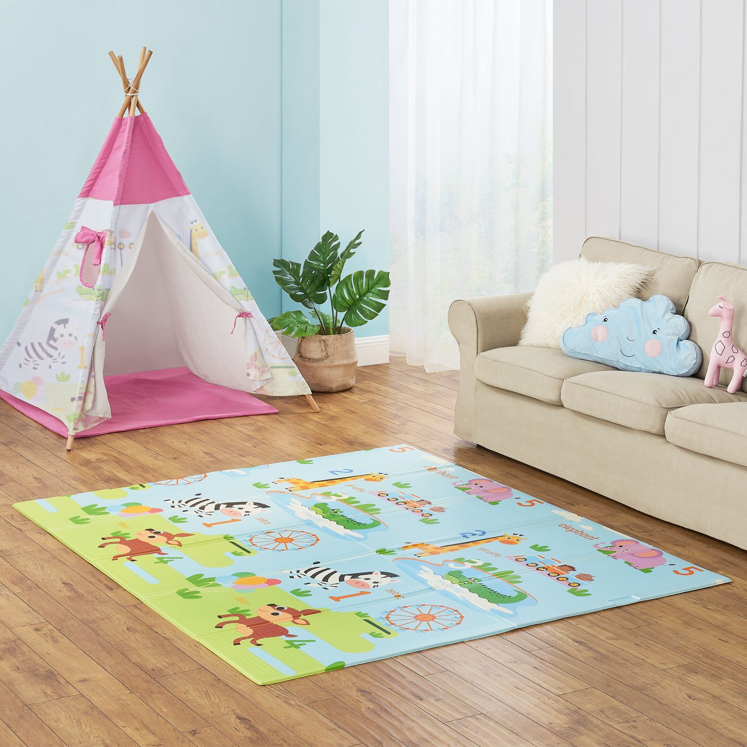 Juskys Kinder Spielmatte Stella 180x200 cm Tiere - XXL Matte Schaumstoff - faltbar & soft - Blau