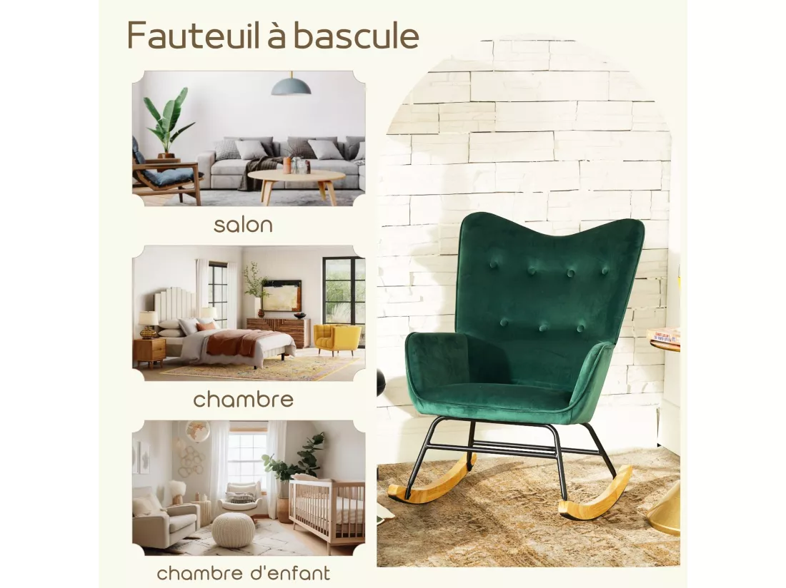 URBAN MEUBLE Fauteuil à bascule Scandinave velours vert pieds en bois foncé EPPING SMALL VELVET GREEN