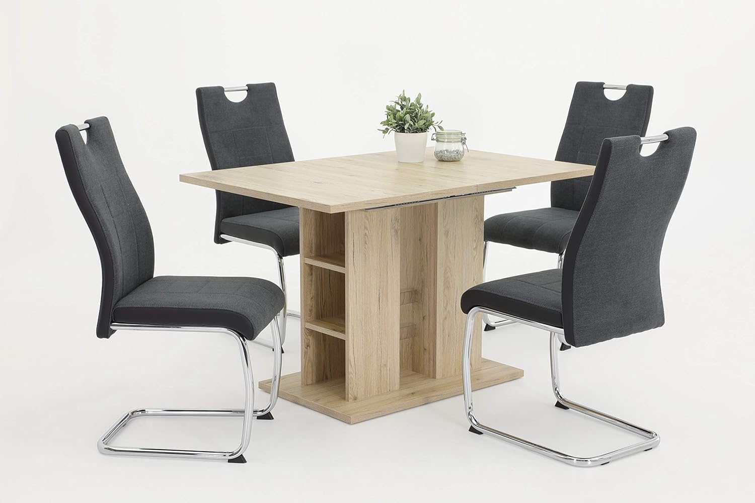 Hela Tische, 5-TLG Essgruppen Alina, Säulentisch Sanremo Eiche 120-180x80cm und 4x Schwingstuhl Anthrazit, Metallgestell Chrom