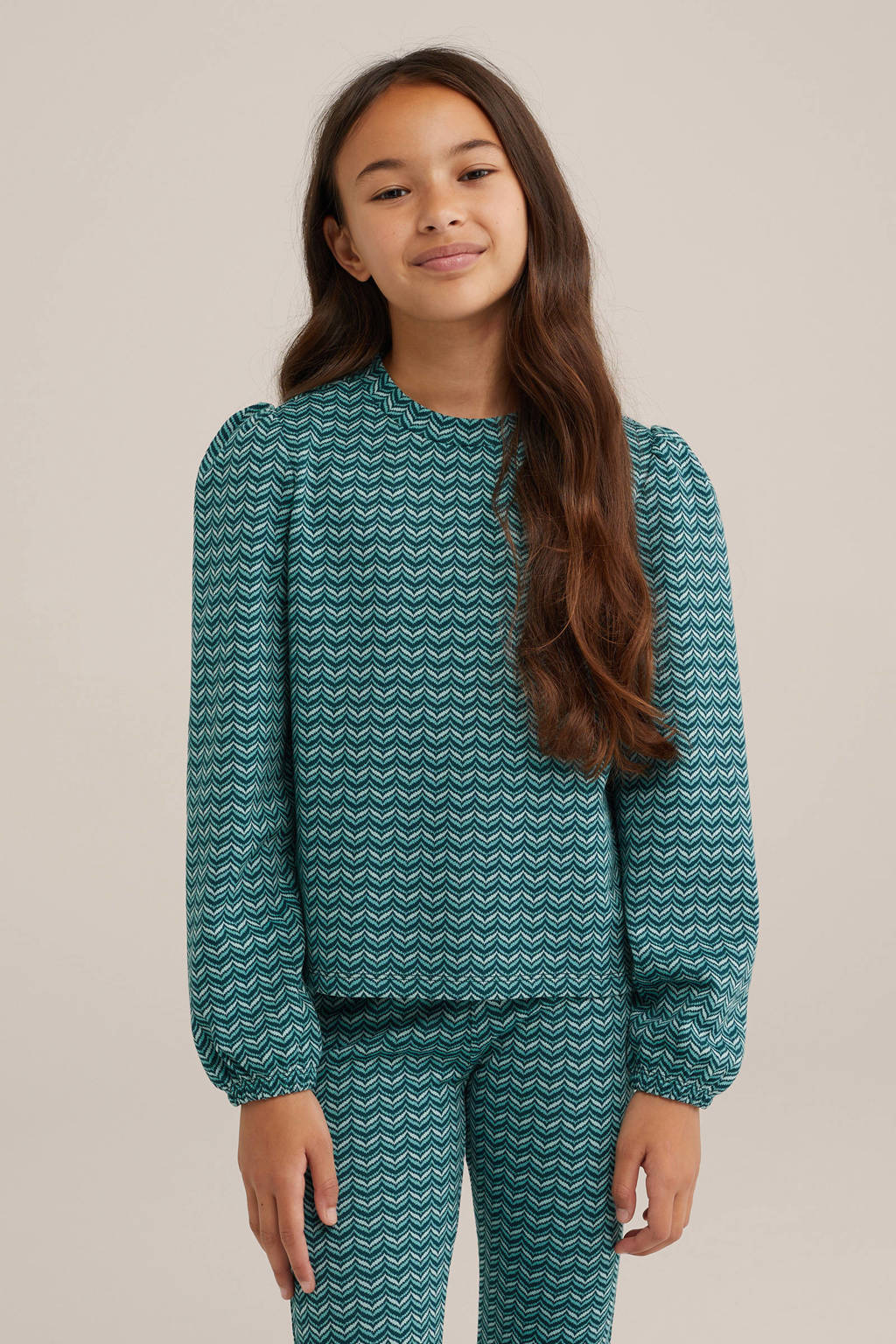 WE Fashion top met all over print groen/wit