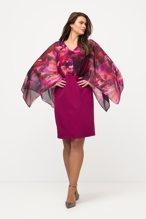 Kleid, Blüten, Chiffonärmel, V-Ausschnitt, Langarm