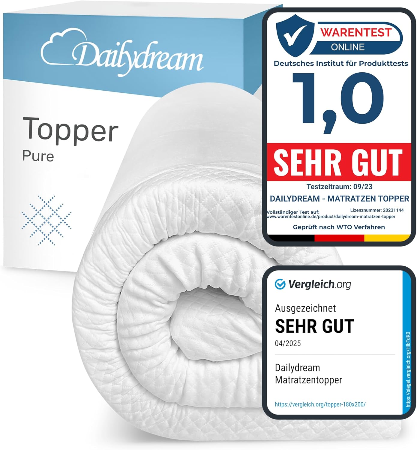 Dailydream Matratzen Topper 140x200cm | Memory Foam | 3,5cm hoch | Edition Pure, Model S | Zertifiziert & ergonomisch für unbequeme Matratze, Boxspringbett & Gästebett | Mattress Topper 140x200