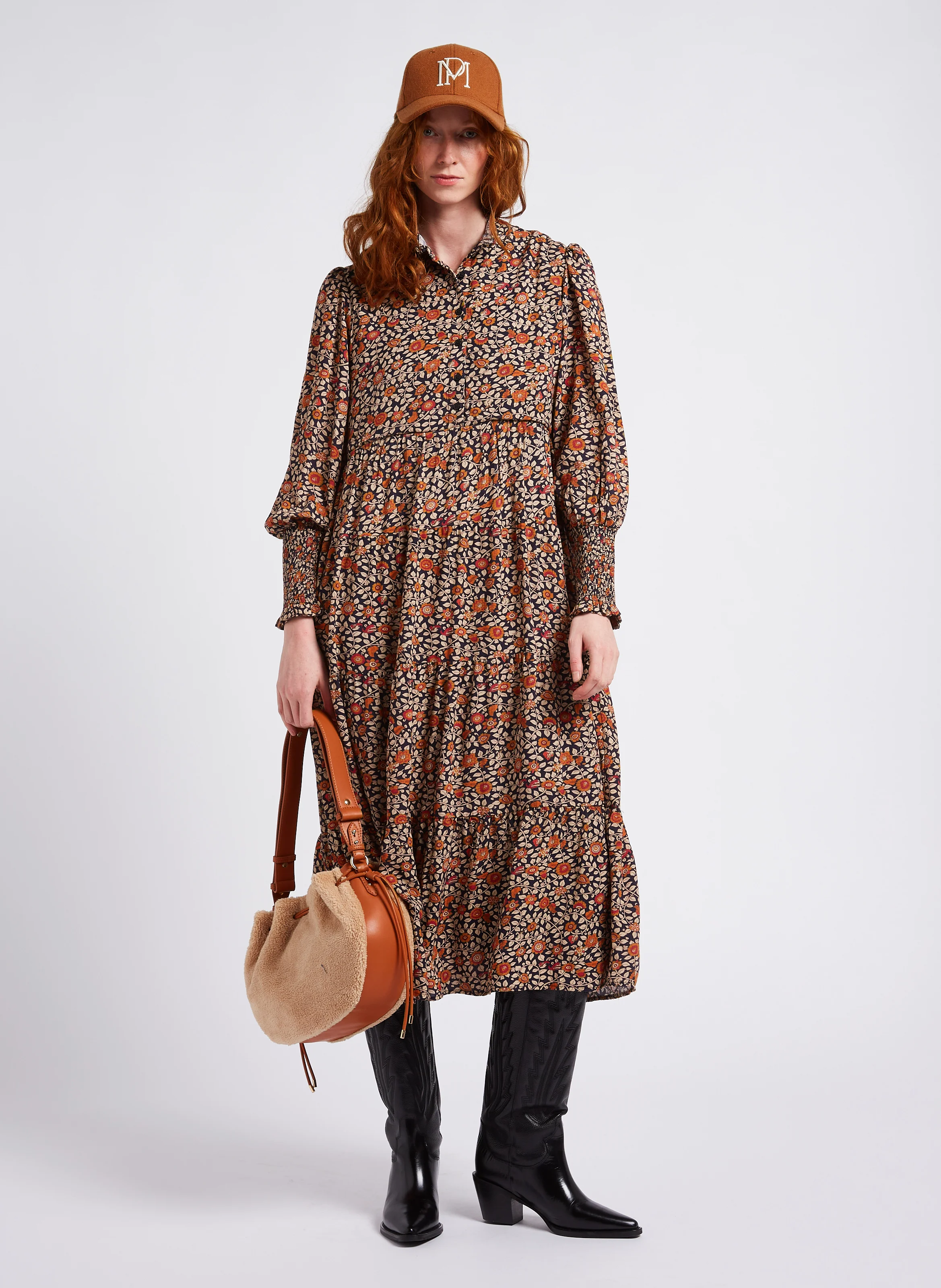 SAULINE - Sac porté épaule bi matières| Marron