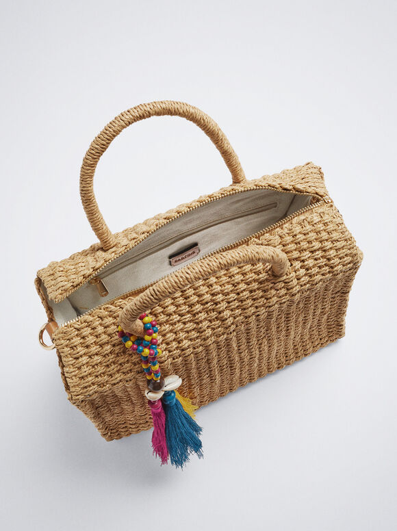 Bolsa de ombro de palha com alça removível - Bege