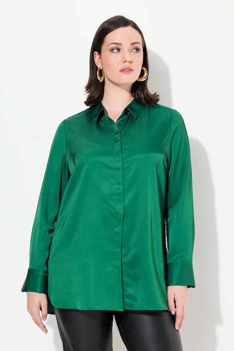 Satin-Hemdbluse, hinten länger, Hemdkragen, Langarm