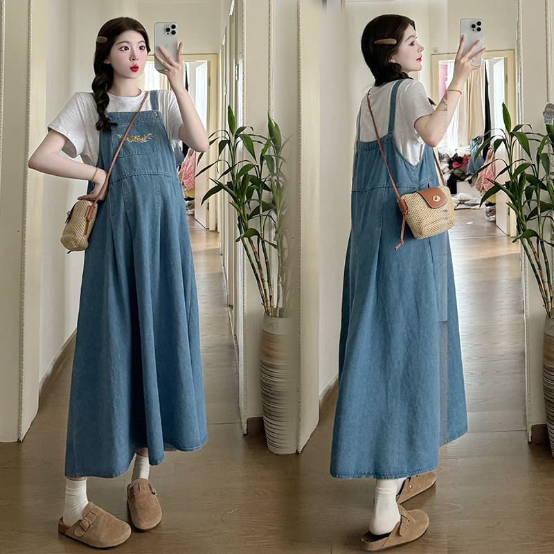 Levsayte - zwangerschaps T-shirt met korte mouwen en ronde hals / maxi-jurk van denim met bloemenborduursel
