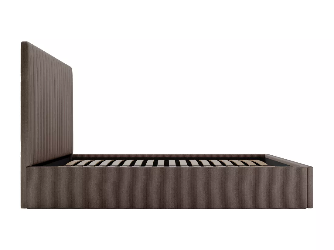 Lit coffre 140 x 190 cm avec tête de lit coutures verticales - Velours côtelé - Taupe + Matelas - SARAH