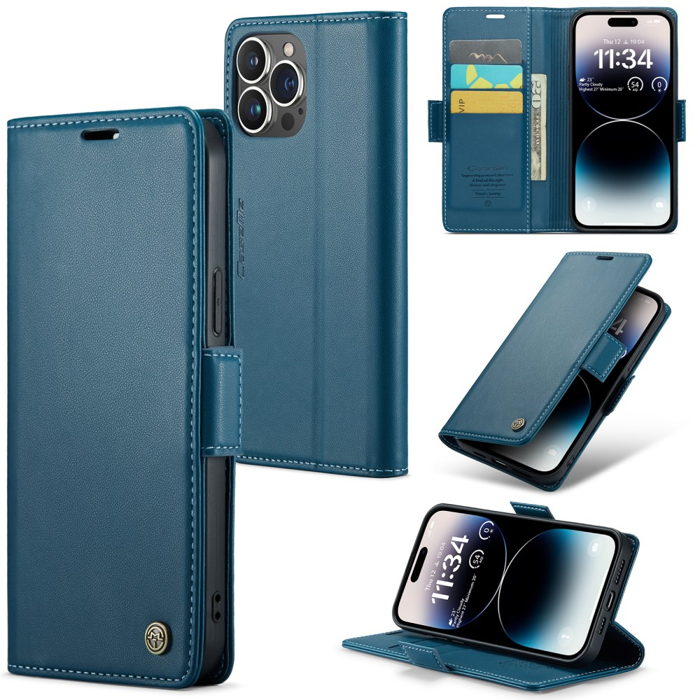 iPhone 15 Pro Leder Tasche Flip Wallet Etui mit Kartenfächern Litchi Look (RFID Schutz) - Blaugrün