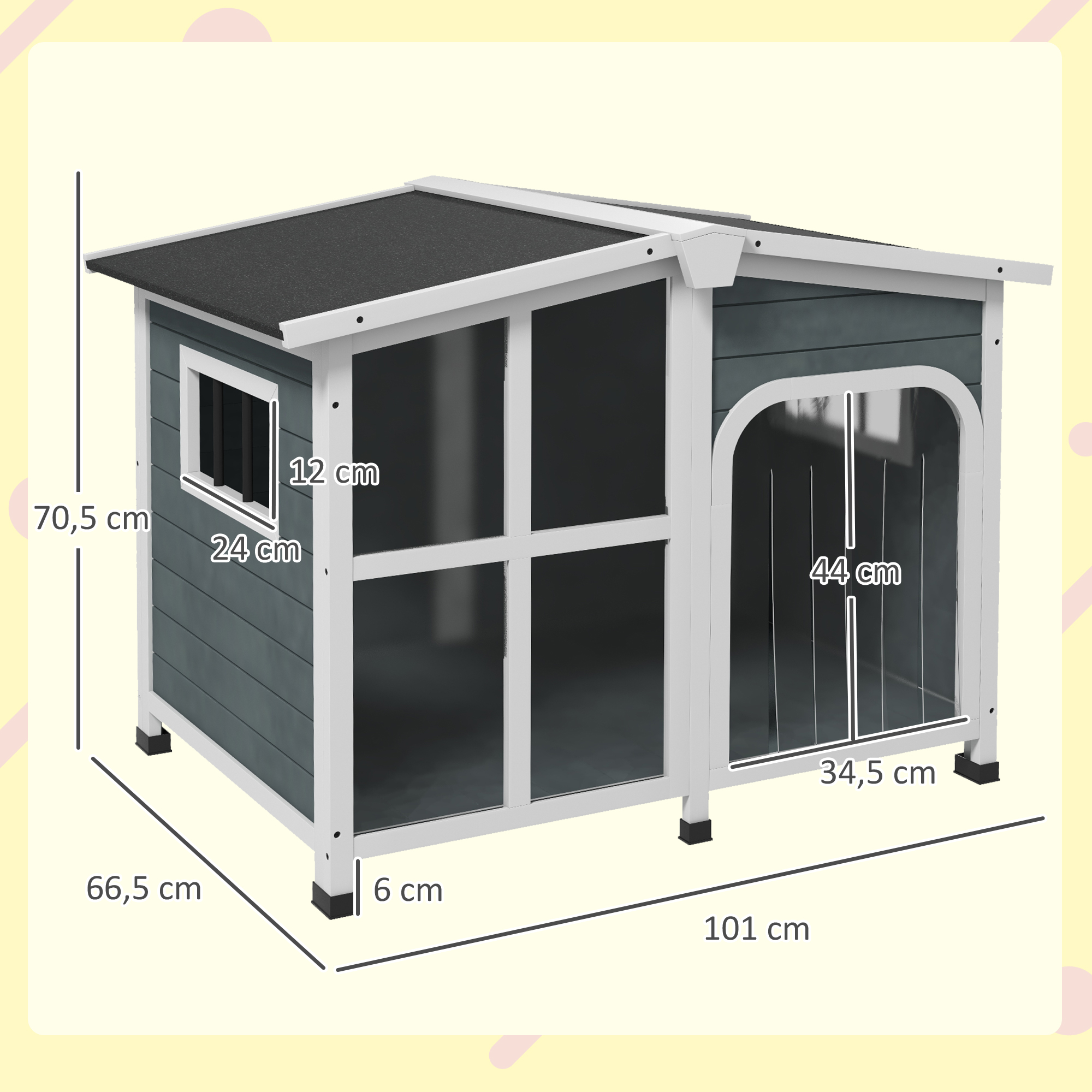 Casinha para cães PawHut, de madeira, para cães pequenos, com telhado articulado, porta frontal em acrílico com cortina e fundo removível, 101 x 66,5 x 70,5 cm, cinza escuro.