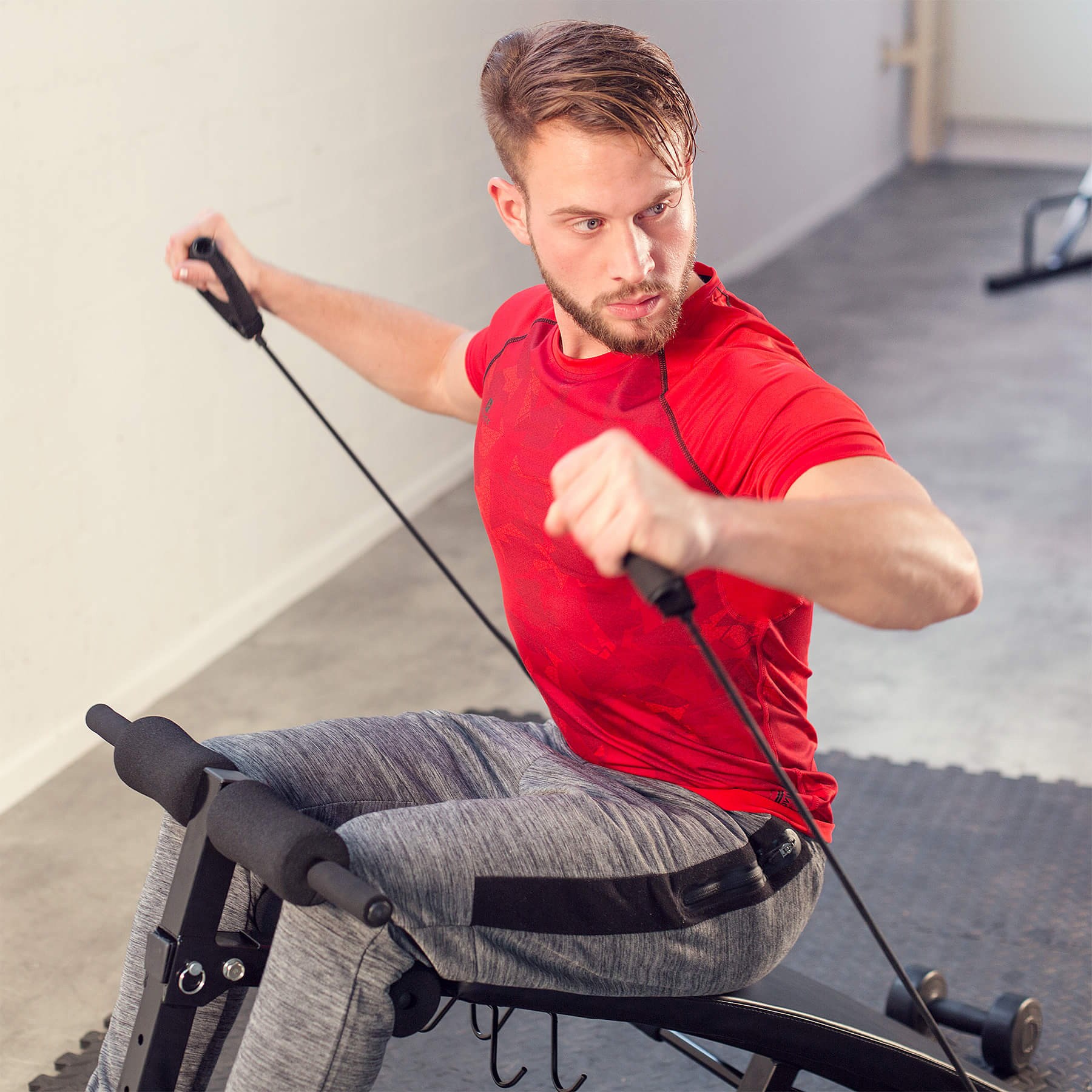 tectake® Sit-up Bank, 6-fach verstellbar, klappbar, rutschfeste Fußenden, inklusive 2 Hanteln und elastische Seile