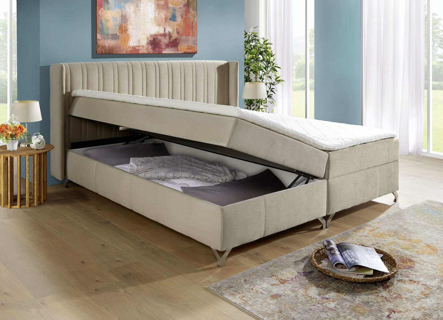 Boxspringbett mit Bettkasten und Topper