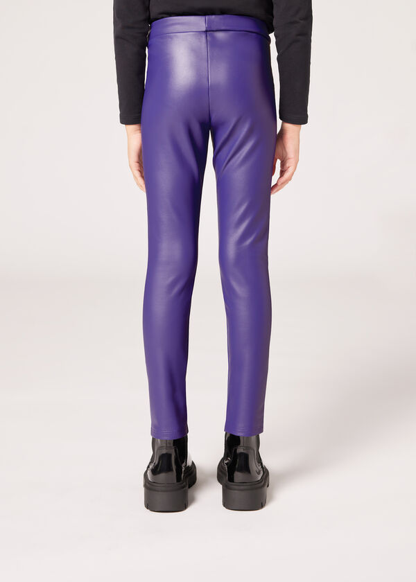 Calças legging térmicas com efeito de couro para meninas